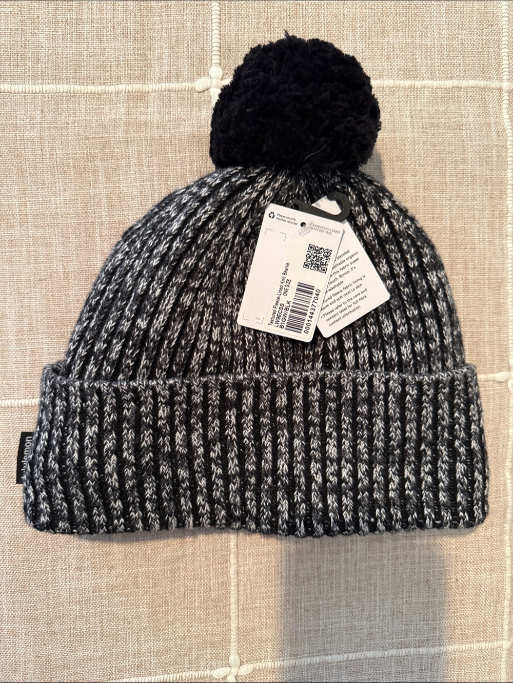 lululemon athletica Black and Gray Pom Pom Ribbed Knit Beanie